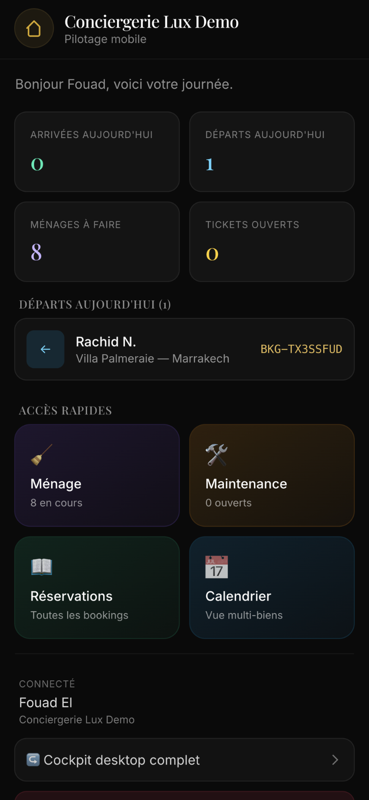 PWA Agence — dashboard mobile (calendrier, arrivées, revenus en MAD) pour conciergeries et agences immobilières au Maroc