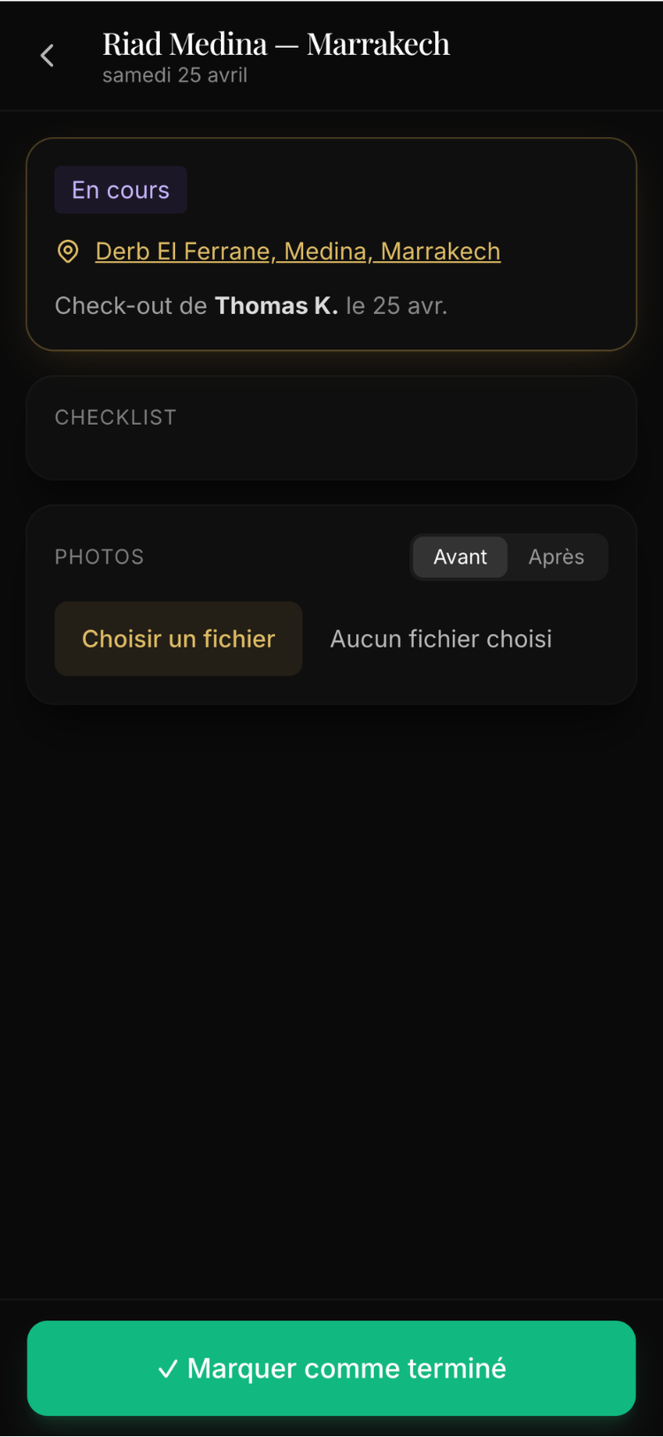 PWA Ménage — application mobile pour cleaners de conciergerie au Maroc (checklist, photos avant/après, mode offline)