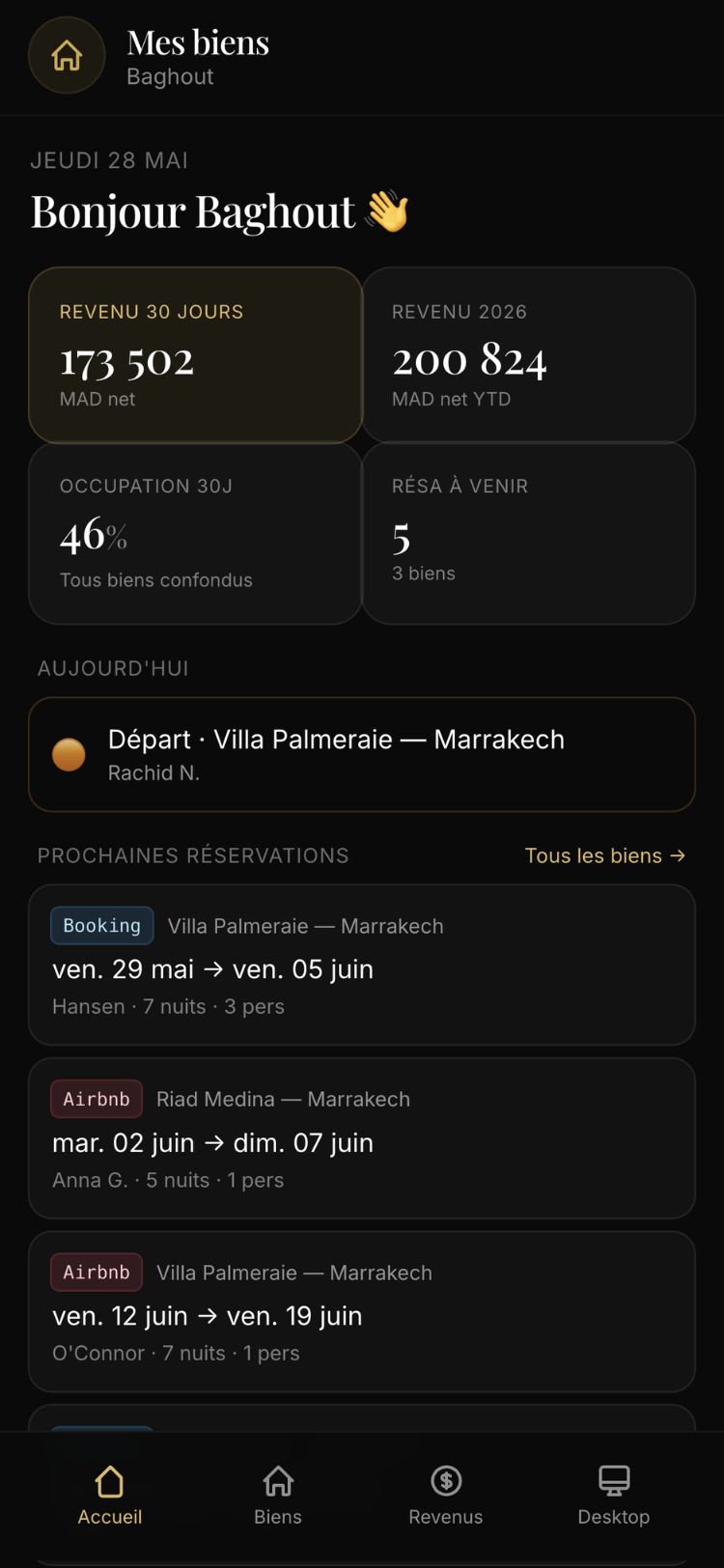 PWA Propriétaire — application mobile installable pour propriétaires de Riad/villa au Maroc (revenus en MAD, occupation, calendrier, login passwordless WhatsApp)