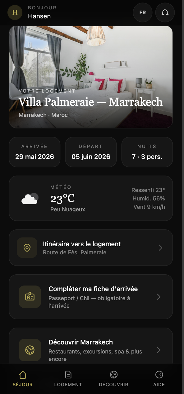 PWA Voyageur — application mobile installable pour les clients (livret d'accueil, Wi-Fi, code porte, IA Concierge 24/7) au Maroc